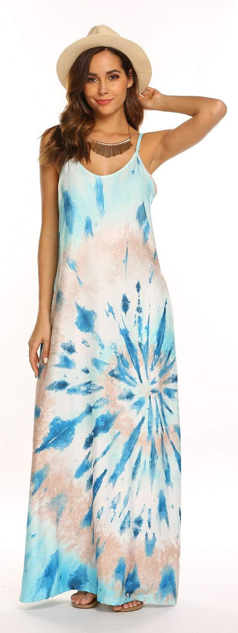 Women'S Summer Maxi Dress Casual V-Neck Sleeveless Bohemian Spaghetti Strap Floral Long Maxi Dress with Pockets