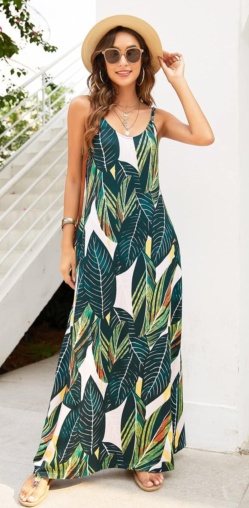 Women'S Summer Maxi Dress Casual V-Neck Sleeveless Bohemian Spaghetti Strap Floral Long Maxi Dress with Pockets
