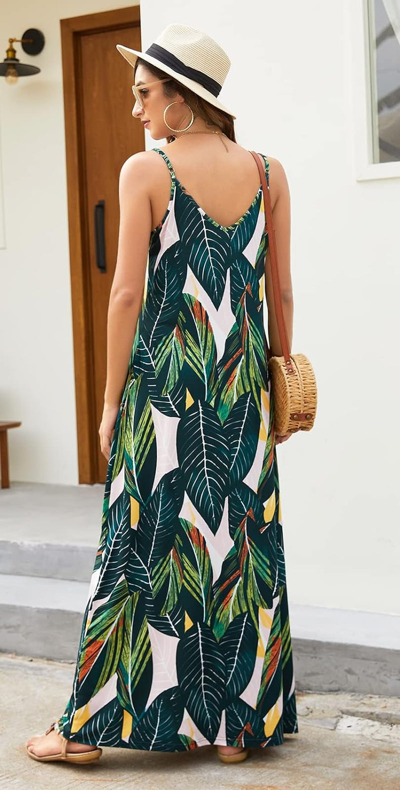 Women'S Summer Maxi Dress Casual V-Neck Sleeveless Bohemian Spaghetti Strap Floral Long Maxi Dress with Pockets