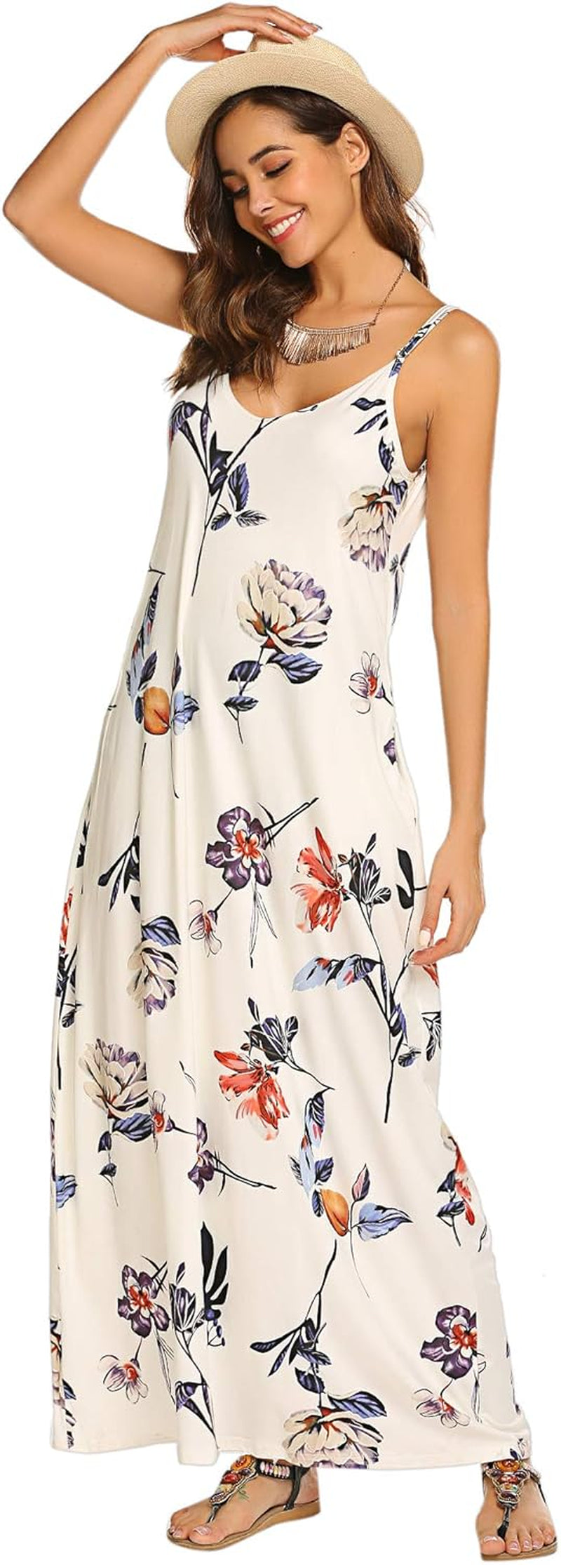 Women'S Summer Maxi Dress Casual V-Neck Sleeveless Bohemian Spaghetti Strap Floral Long Maxi Dress with Pockets