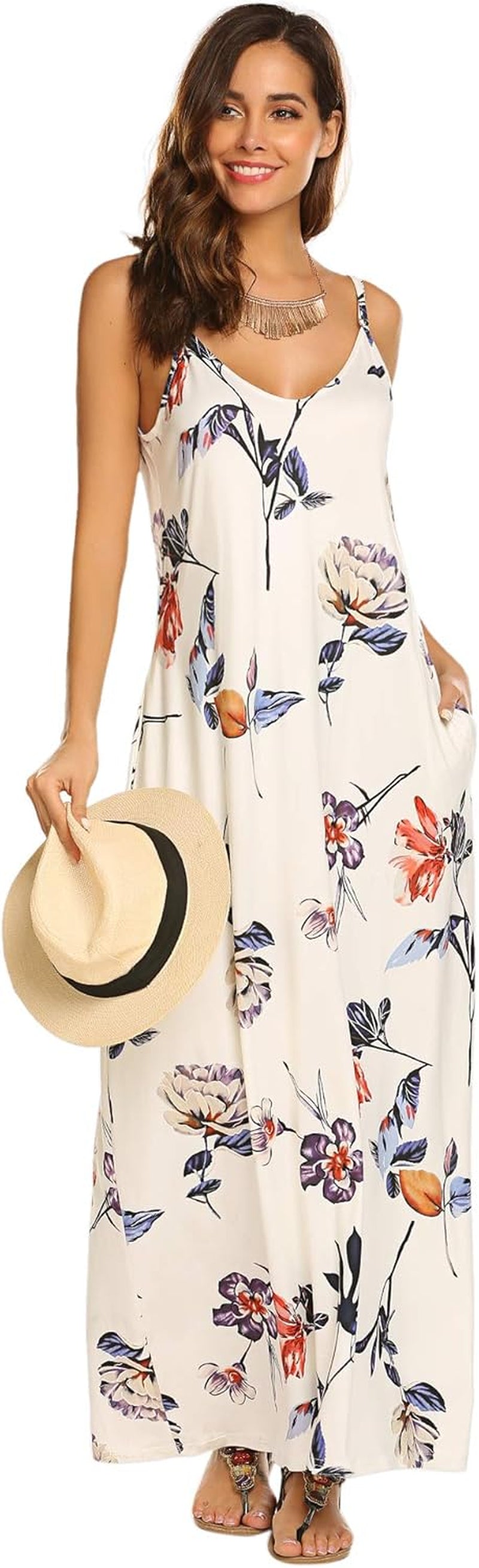Women'S Summer Maxi Dress Casual V-Neck Sleeveless Bohemian Spaghetti Strap Floral Long Maxi Dress with Pockets