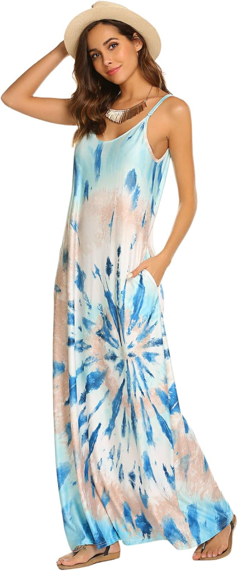 Women'S Summer Maxi Dress Casual V-Neck Sleeveless Bohemian Spaghetti Strap Floral Long Maxi Dress with Pockets
