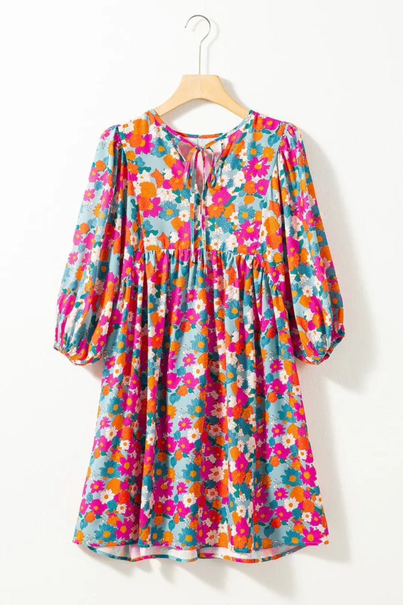Boho Floral V Neck Lantern Sleeve Babydoll Dress