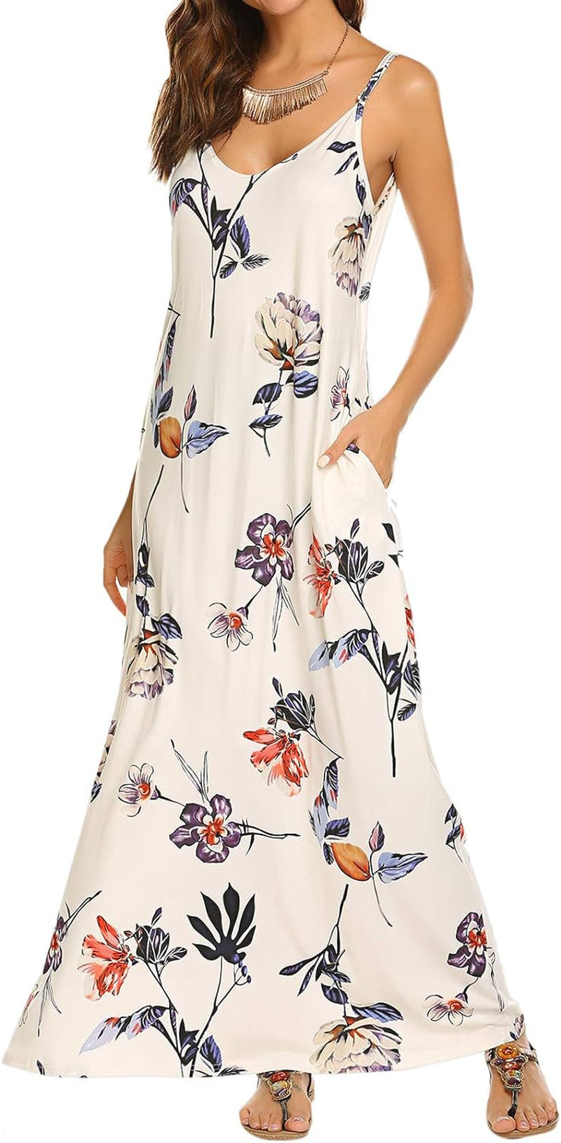 Women'S Summer Maxi Dress Casual V-Neck Sleeveless Bohemian Spaghetti Strap Floral Long Maxi Dress with Pockets