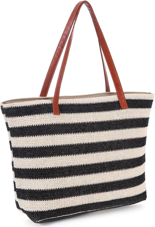 Zentora "SunStripe" Oversized Woven Beach Tote – Bold Summer Statement