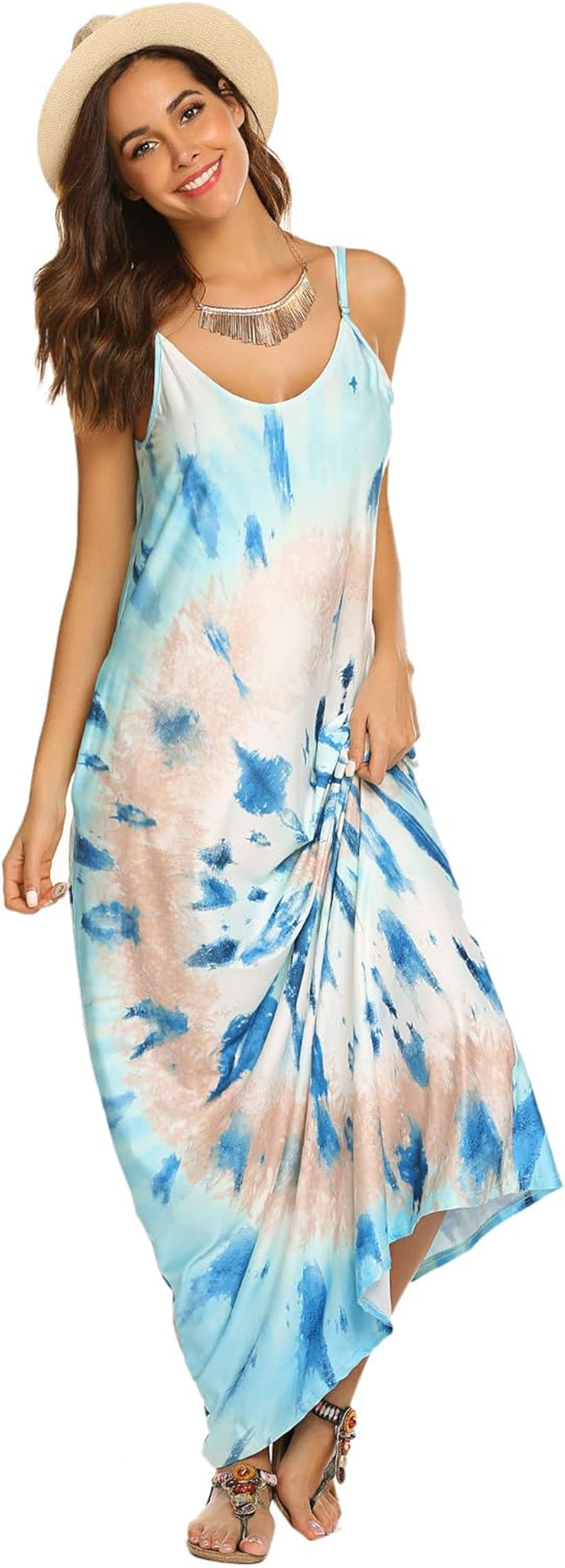 Women'S Summer Maxi Dress Casual V-Neck Sleeveless Bohemian Spaghetti Strap Floral Long Maxi Dress with Pockets