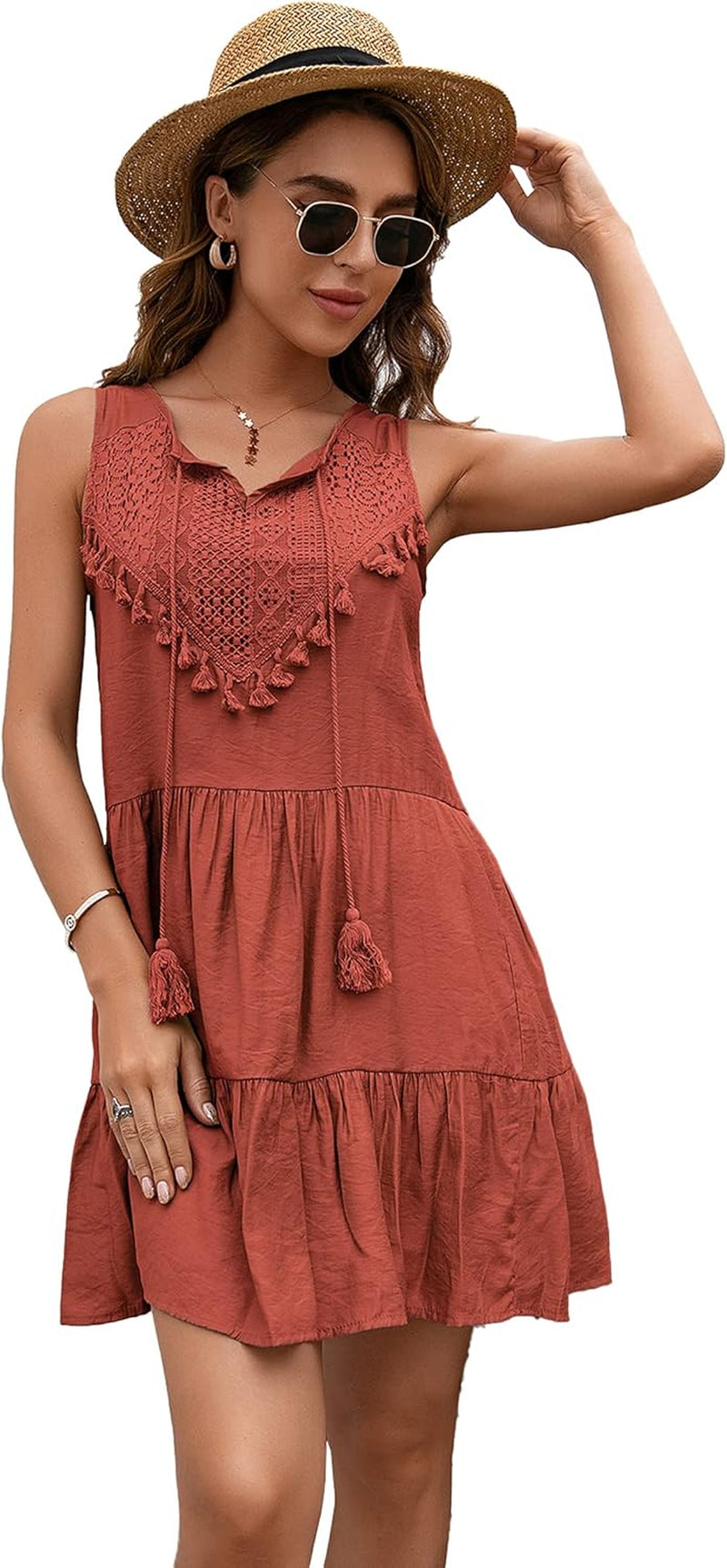 Women'S Summer Casual Floral Print Tassel V Neck Mini Dresses Short Sleeve/Sleeveless Bohemian Beach Dresses