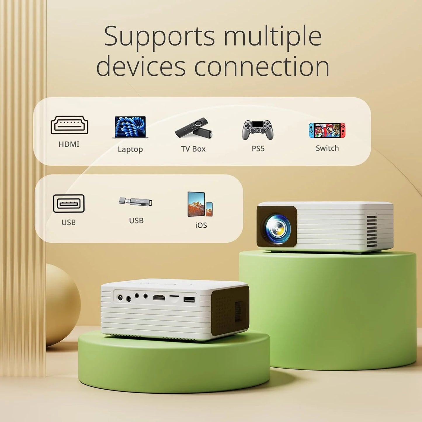 YT Mini Projector with Wifi & Bluetooth, Full HD 1080P Support, LCD, White, 1 Pack
