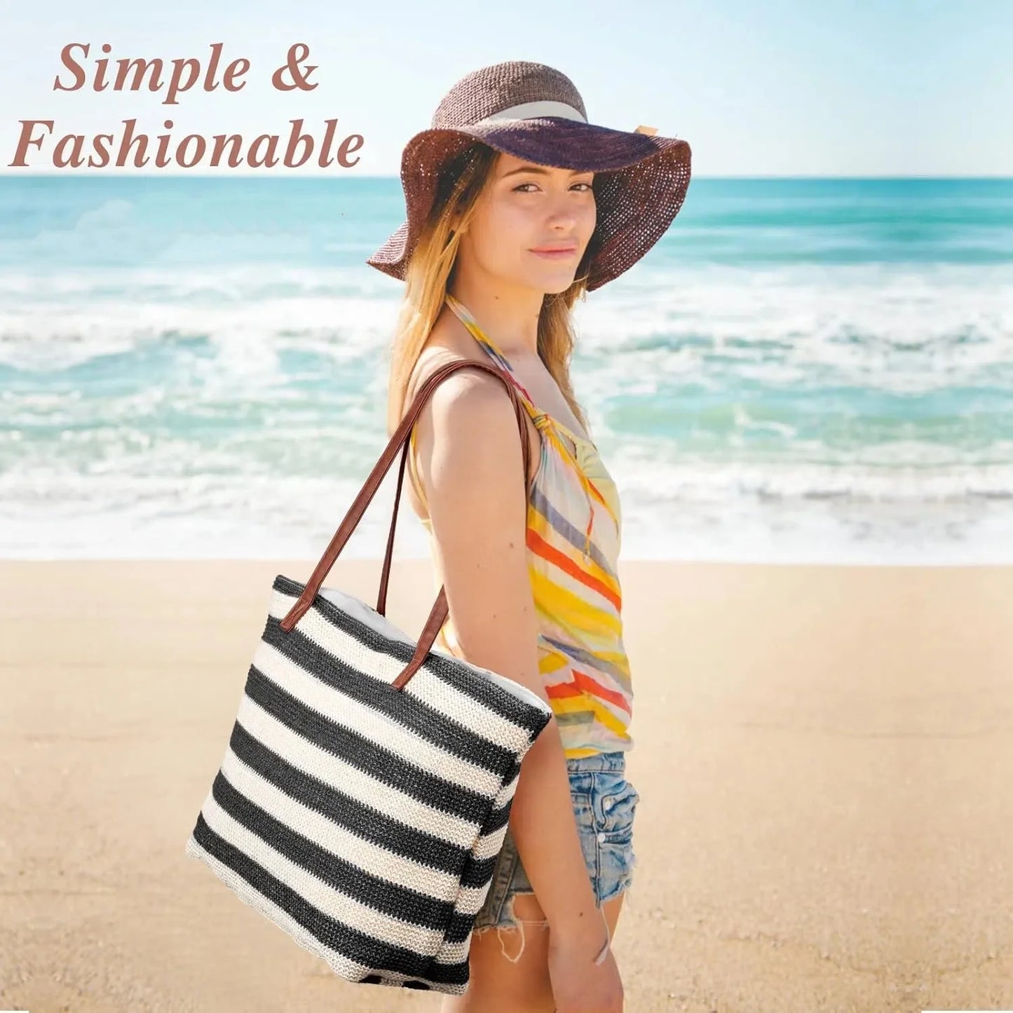 Zentora "SunStripe" Oversized Woven Beach Tote ā Bold Summer Statement