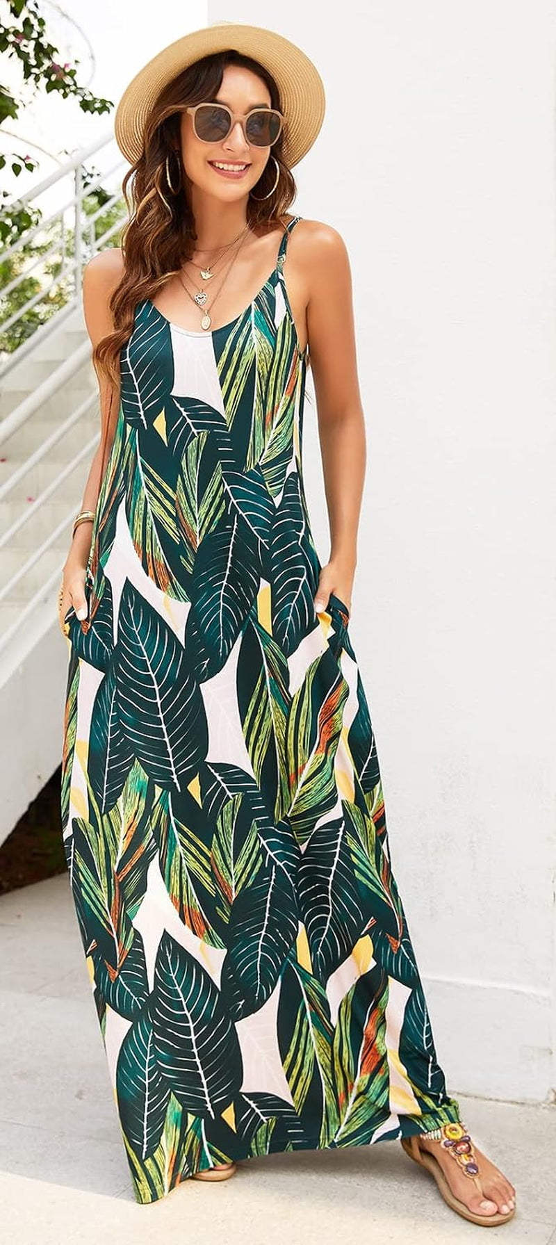 Women'S Summer Maxi Dress Casual V-Neck Sleeveless Bohemian Spaghetti Strap Floral Long Maxi Dress with Pockets