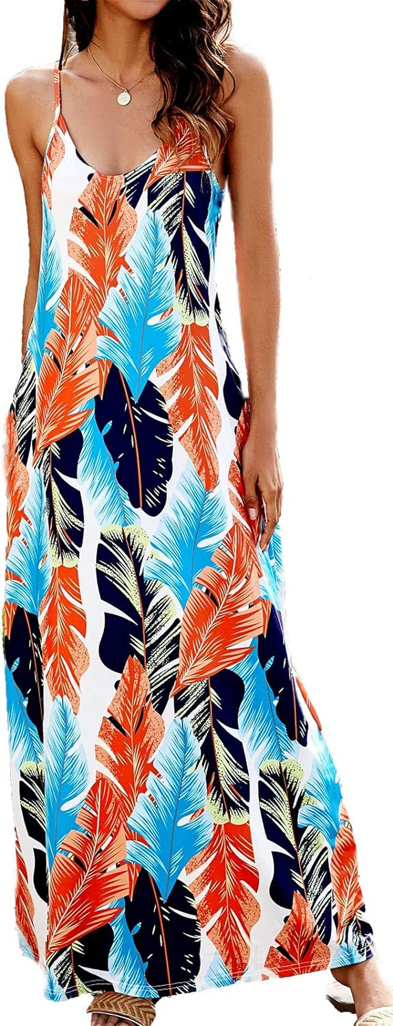 Women'S Summer Maxi Dress Casual V-Neck Sleeveless Bohemian Spaghetti Strap Floral Long Maxi Dress with Pockets
