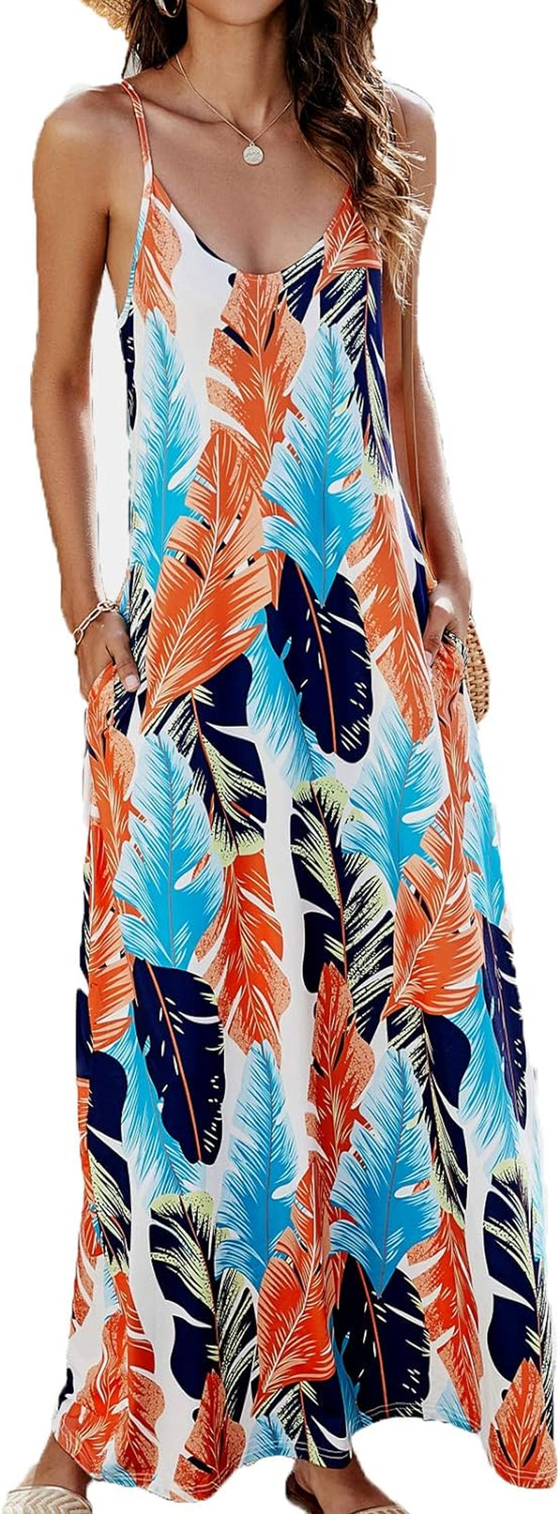 Women'S Summer Maxi Dress Casual V-Neck Sleeveless Bohemian Spaghetti Strap Floral Long Maxi Dress with Pockets