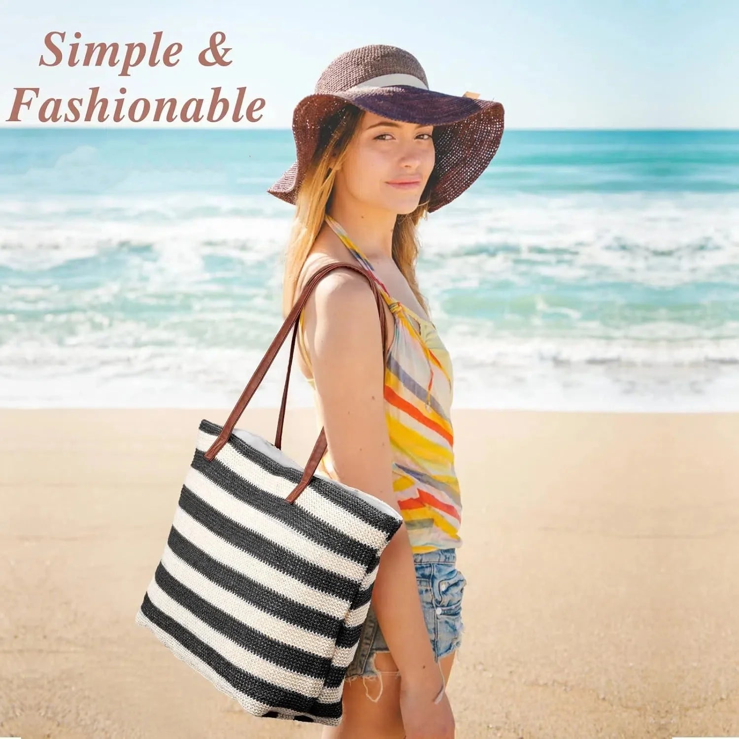 Zentora "SunStripe" Oversized Woven Beach Tote – Bold Summer Statement